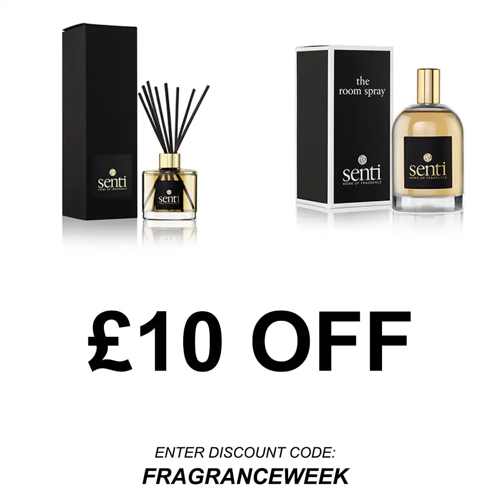 Senti room spray with packaging and discount offer on a white background